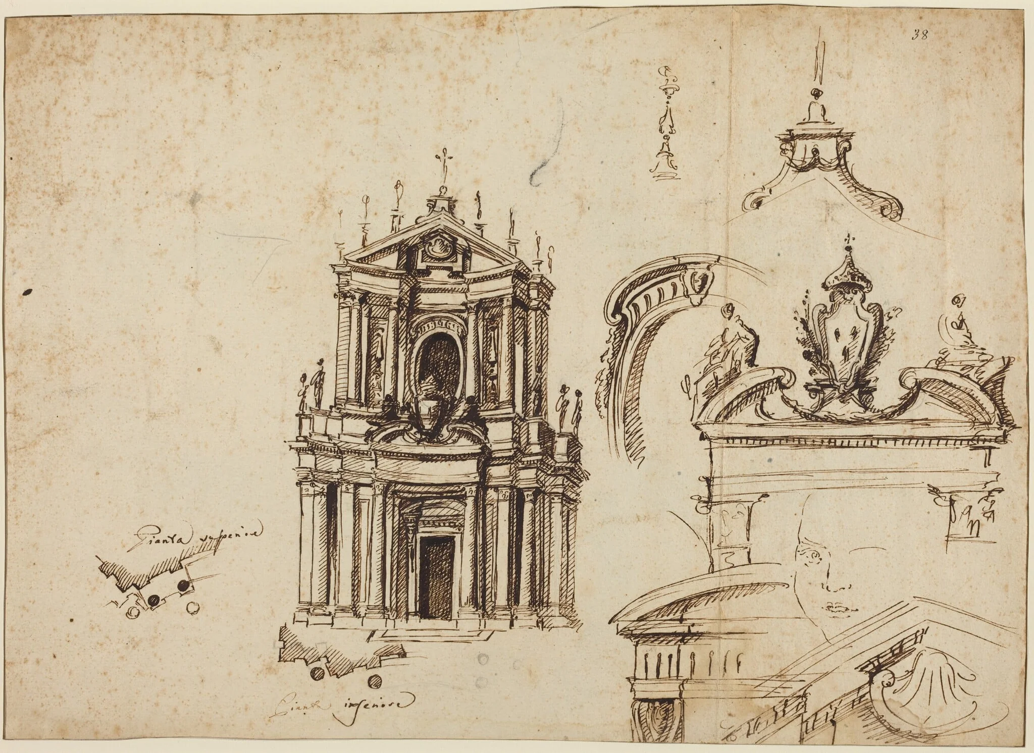 Studies for the Façade of Santa Cristina [recto], by Filippo Juvarra, chalk, 1715
