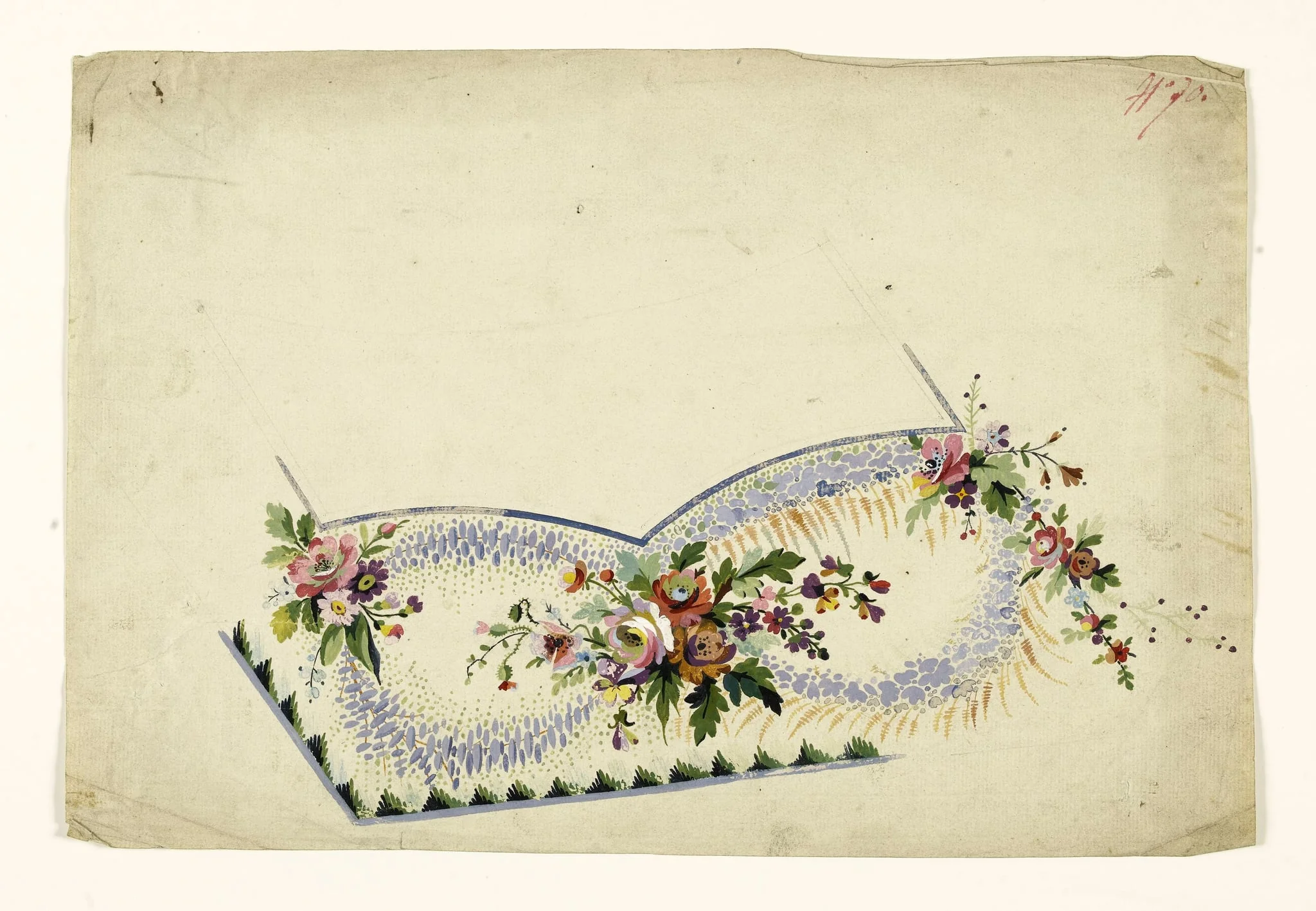 Composition florale de bouquets multicolores et guirlandes mauves, projets de broderies de gilet, XVIIIème siècle, by Anonyme, 1750