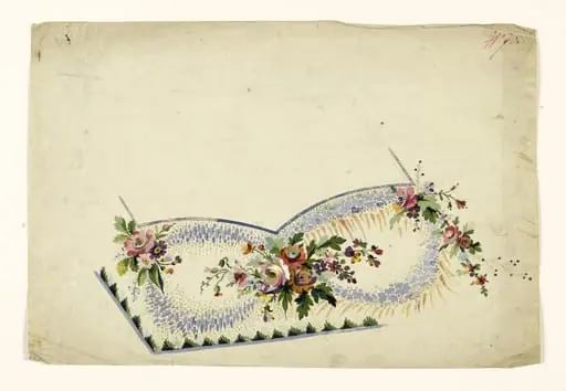 Composition florale de bouquets multicolores et guirlandes mauves, projets de broderies de gilet, XVIIIème siècle