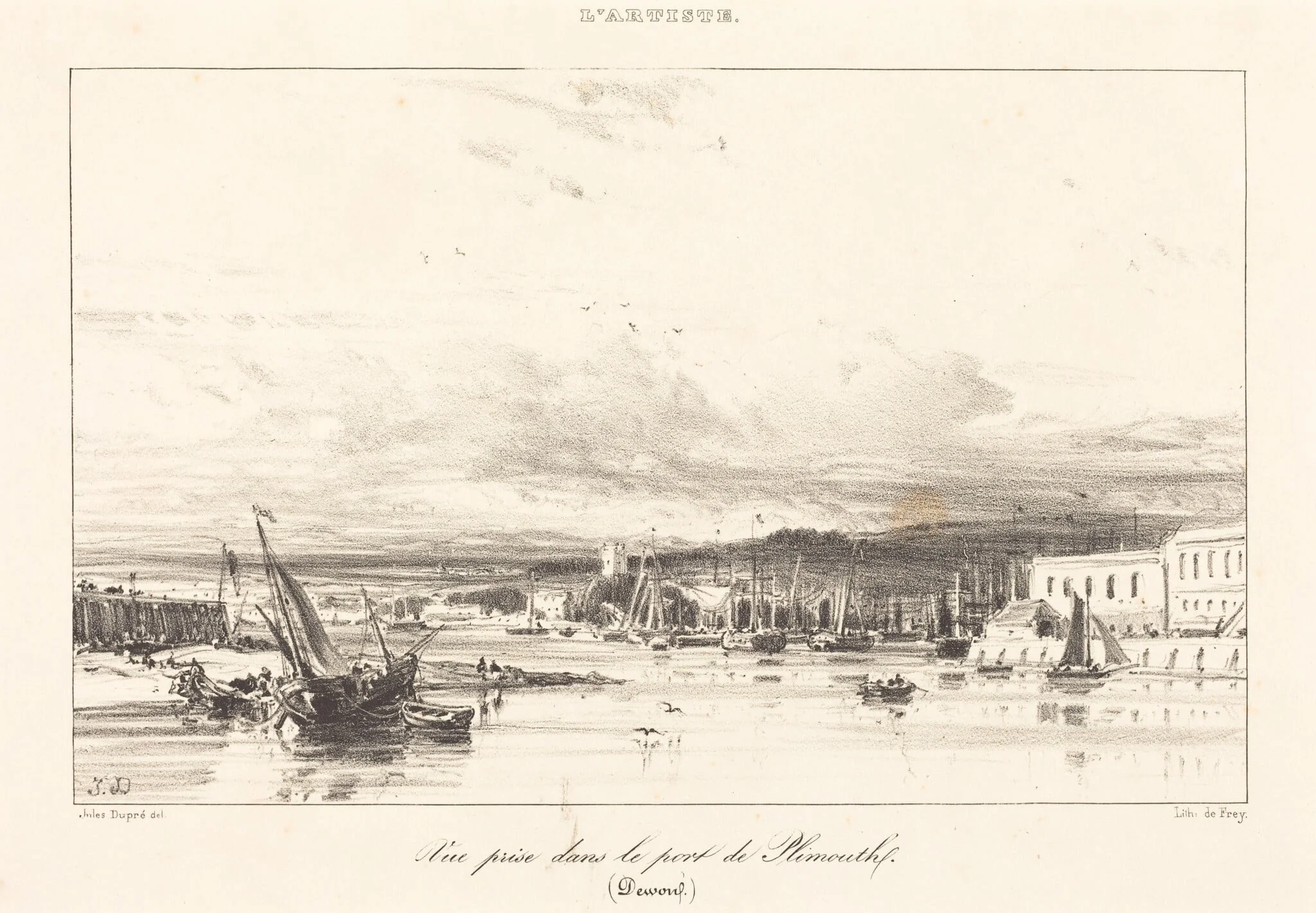 View in Plymouth Port (Vue prise dans le port de Plymouth), by Jules Dupré, ink, 1836