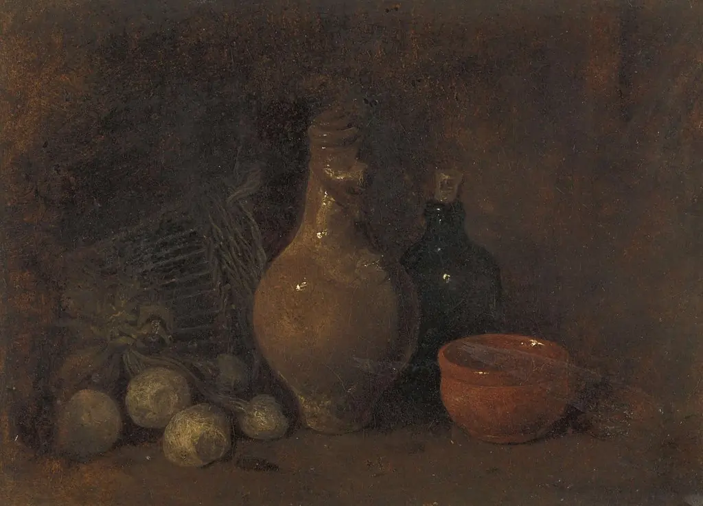 Stilleven met vier vruchten, glas en aardewerk