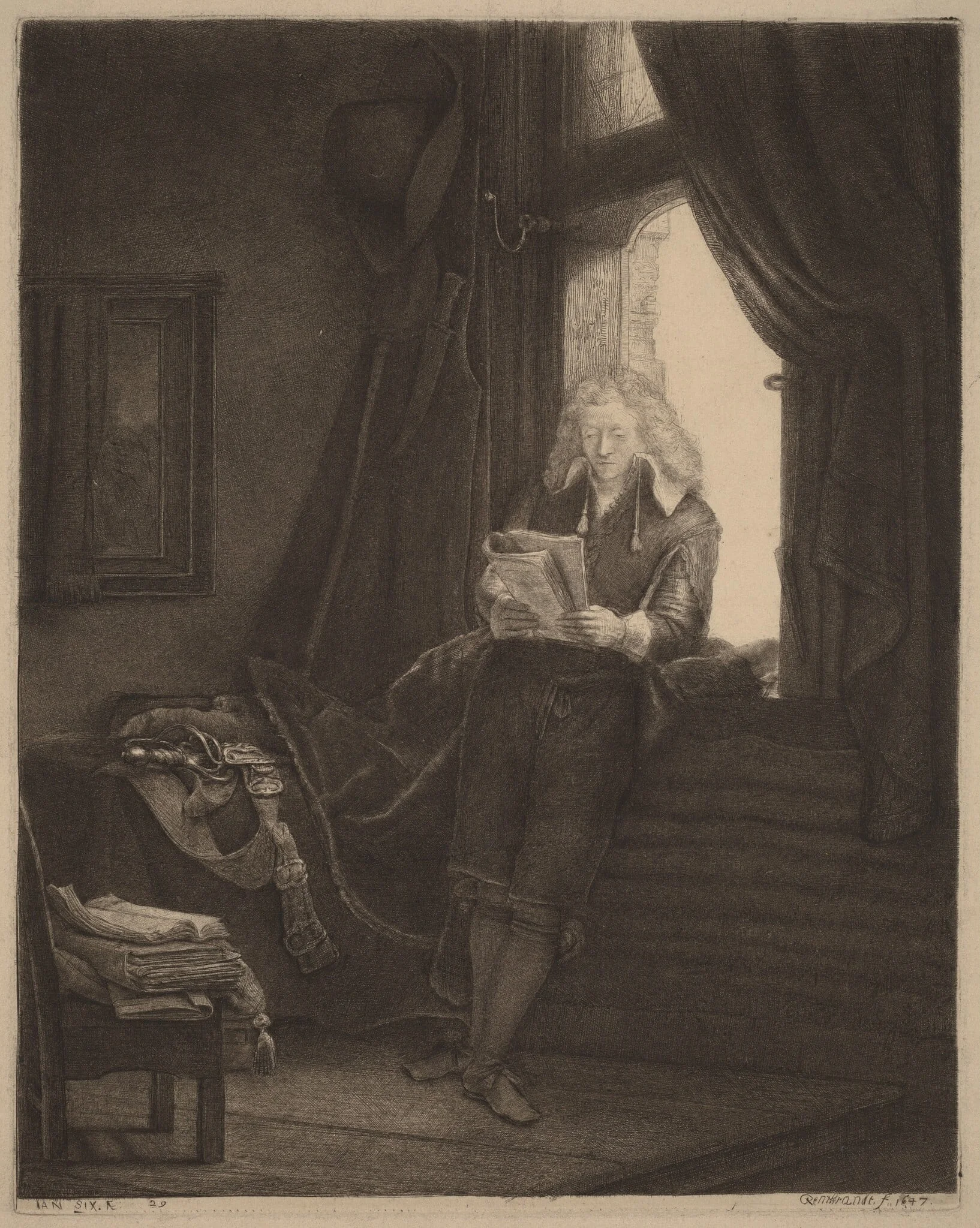 Jan Six, by Rembrandt, ink, 1647