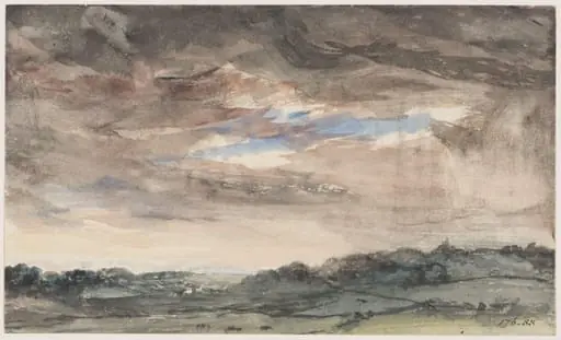 View over hilly country, with a stormy sky