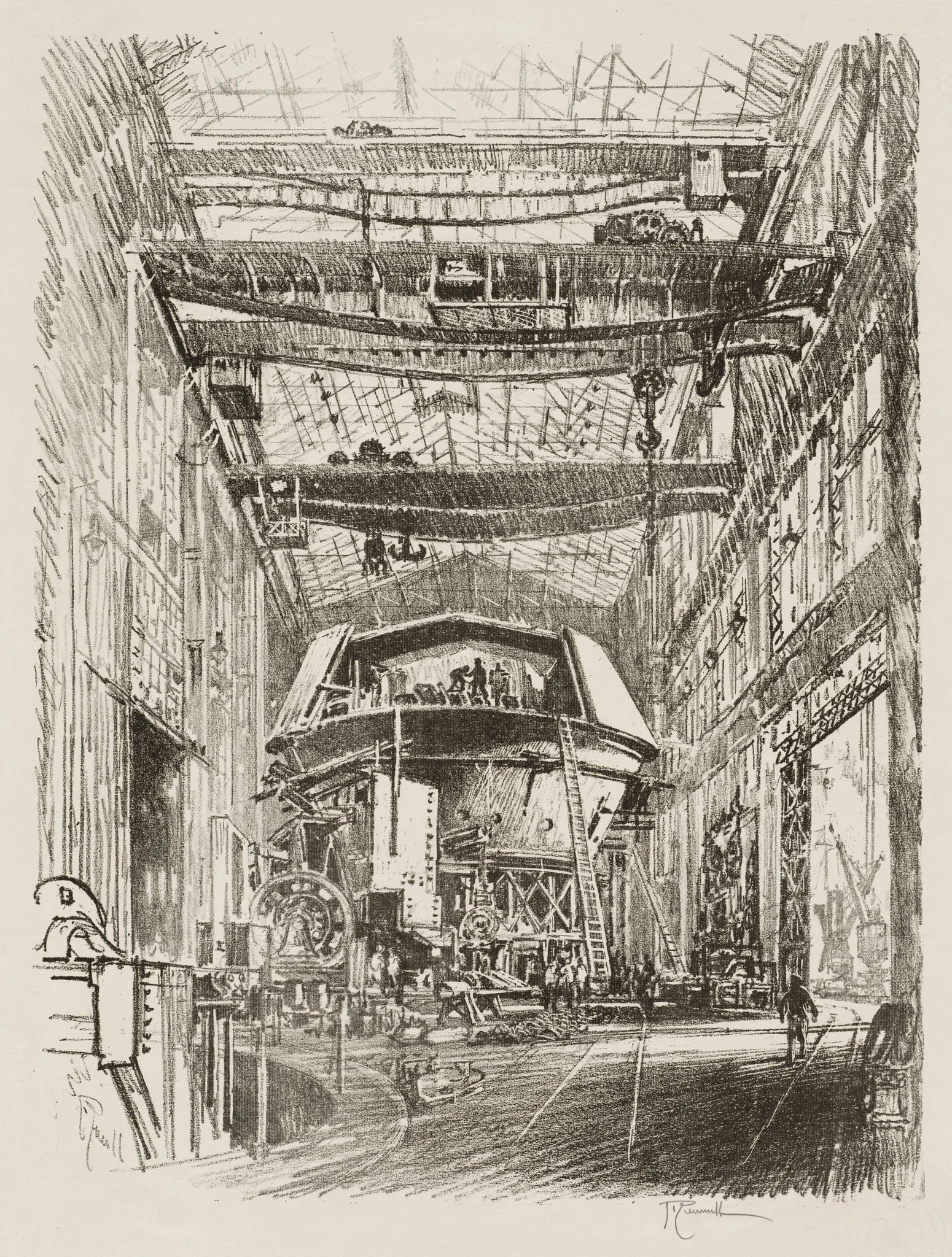 English War Work:  Building the Great Turret, by Joseph Pennell, 1916