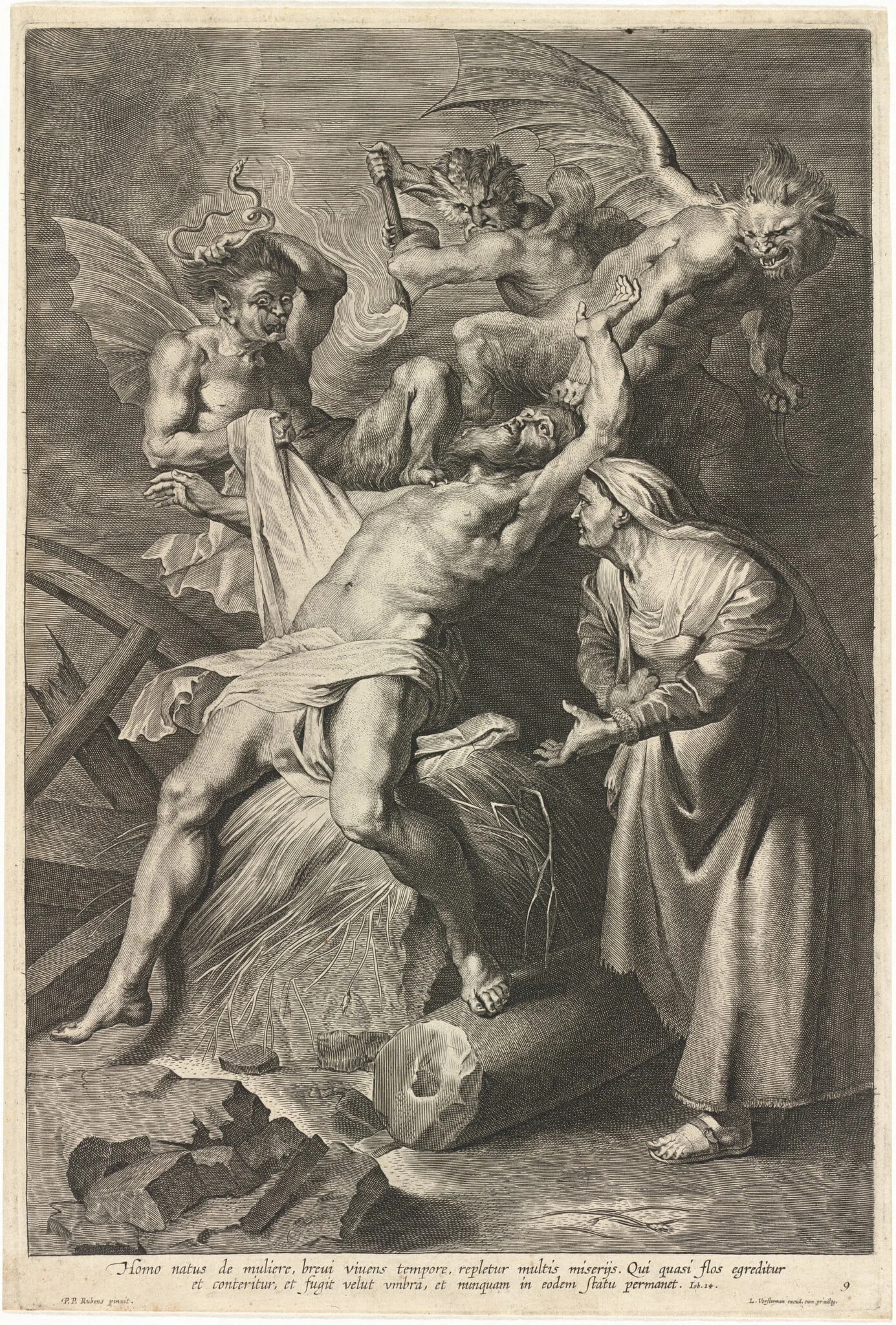 Job Tormented by Demons and Abused by His Wife, by Lucas Emil Vorsterman, ink, 1635