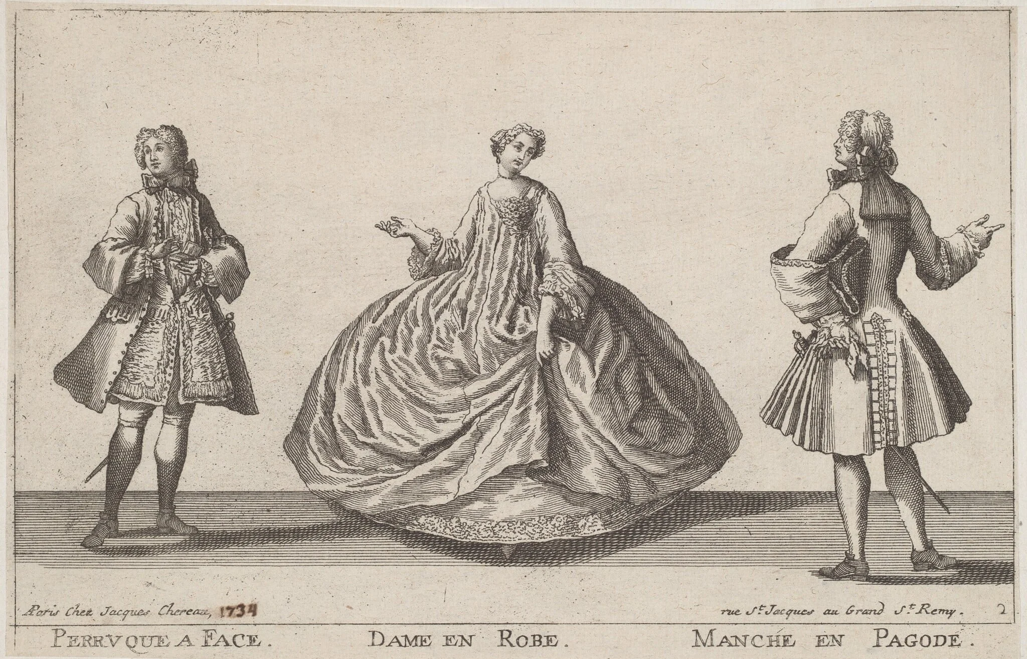 Perruque à Face/Dame en Robe/Manche en Pagode, by Jacques Chéreau, ink, 1724