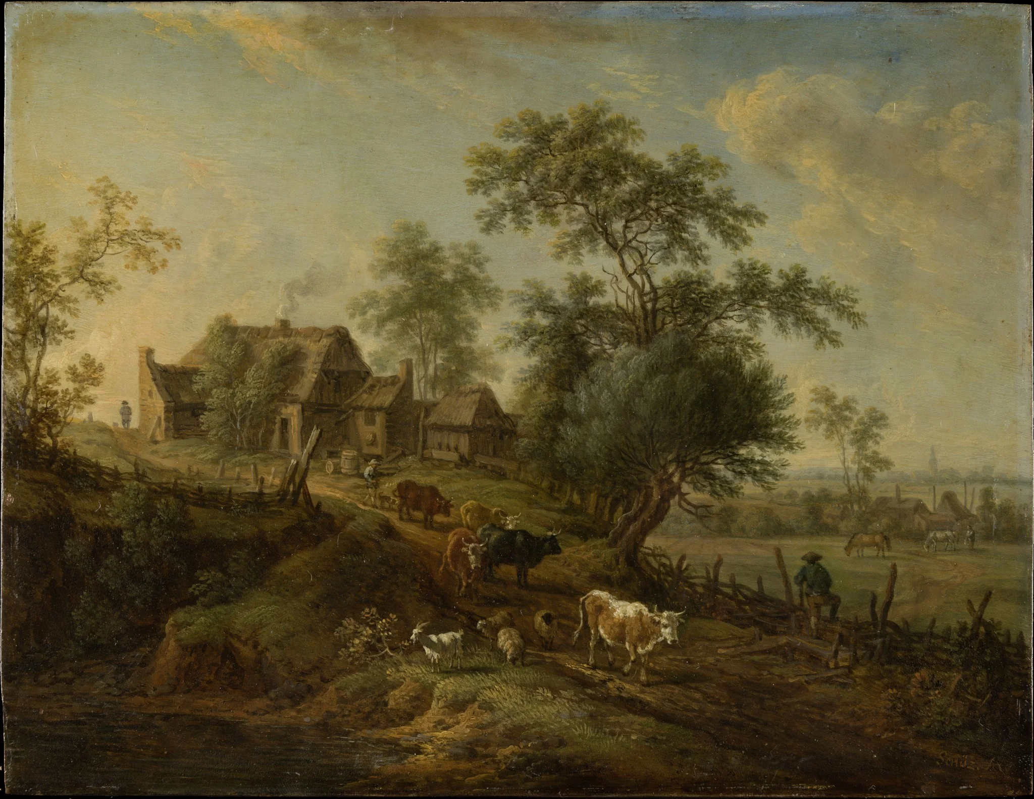 Landscape with Farm Animals on a Road, by Christian Georg Schütz, oil, 1764