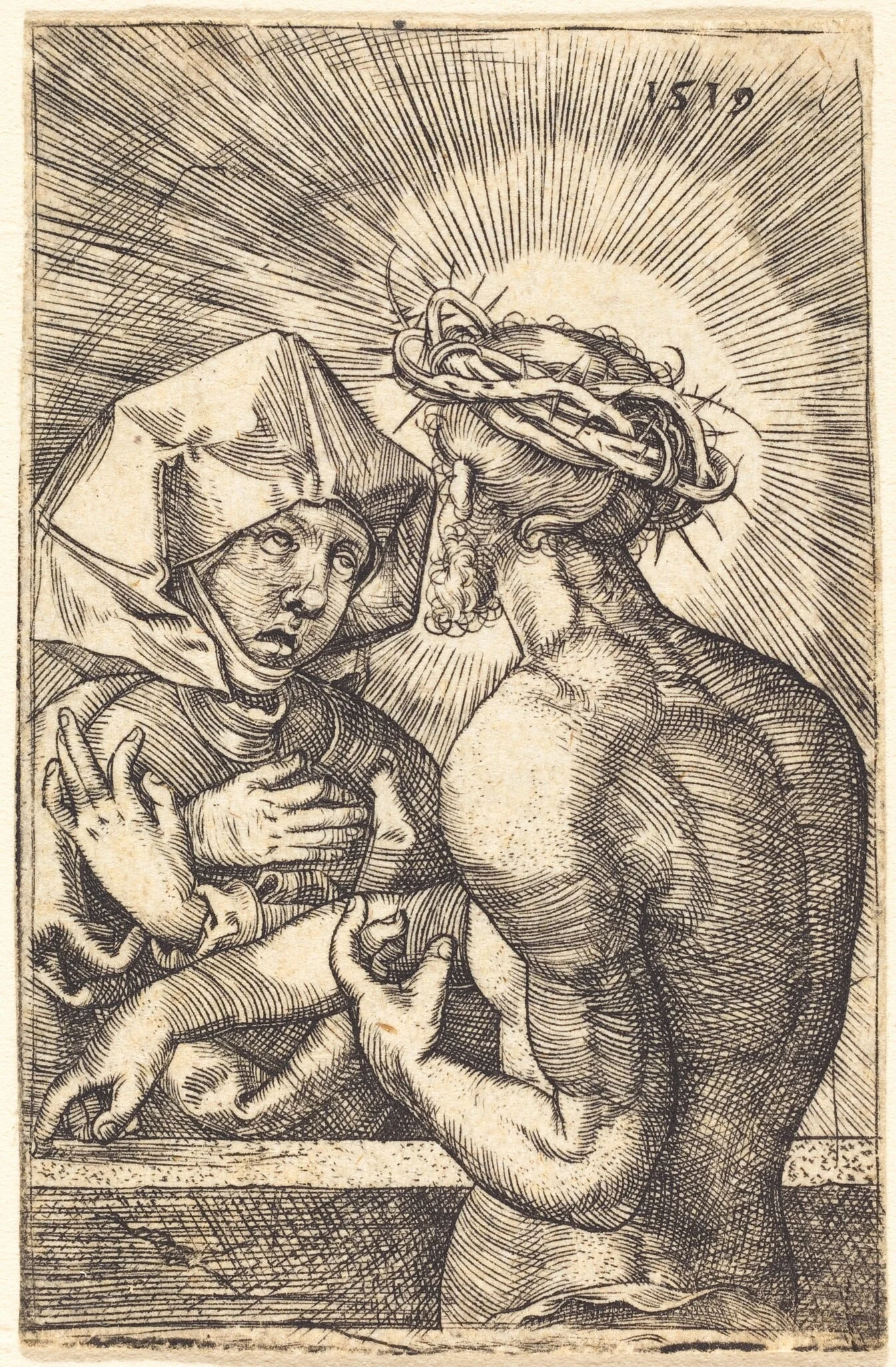 Christ Crowned with Thorns Speaking with His Mother, by Sebald Beham, ink, 1519