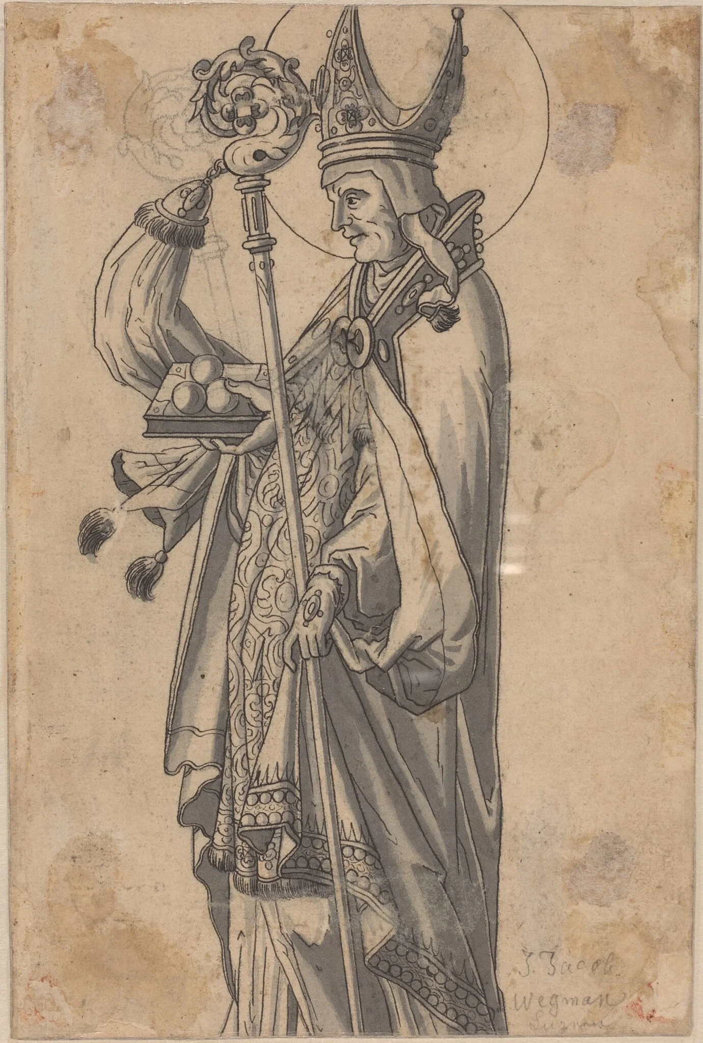 Saint Nicholas (verso), by Hans Heinrich Wägmann, ink, 1610