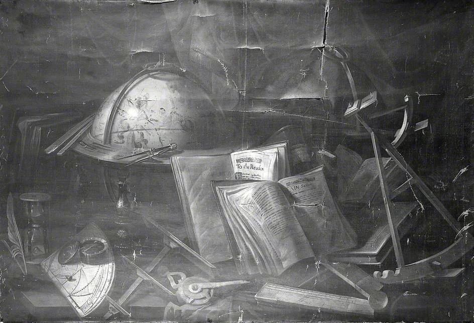 Still Life with Books and Astronomical Instruments, by Unknown, oil, 1700