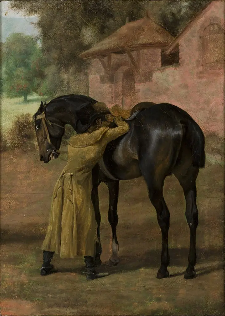 Stableman Saddling a Horse