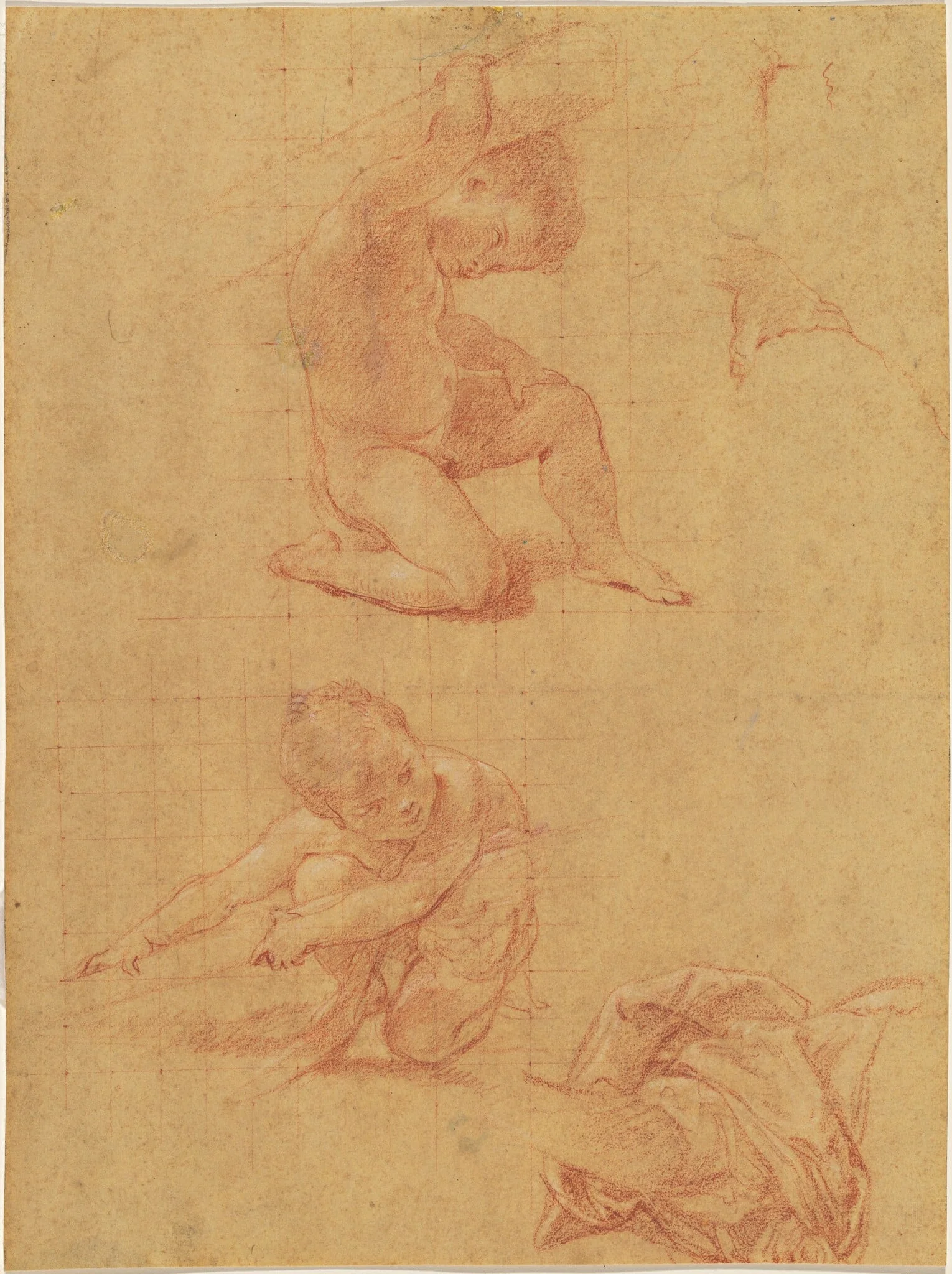 Two Nude Children Lifting a Cudgel, by Pompeo Batoni, chalk, 1748