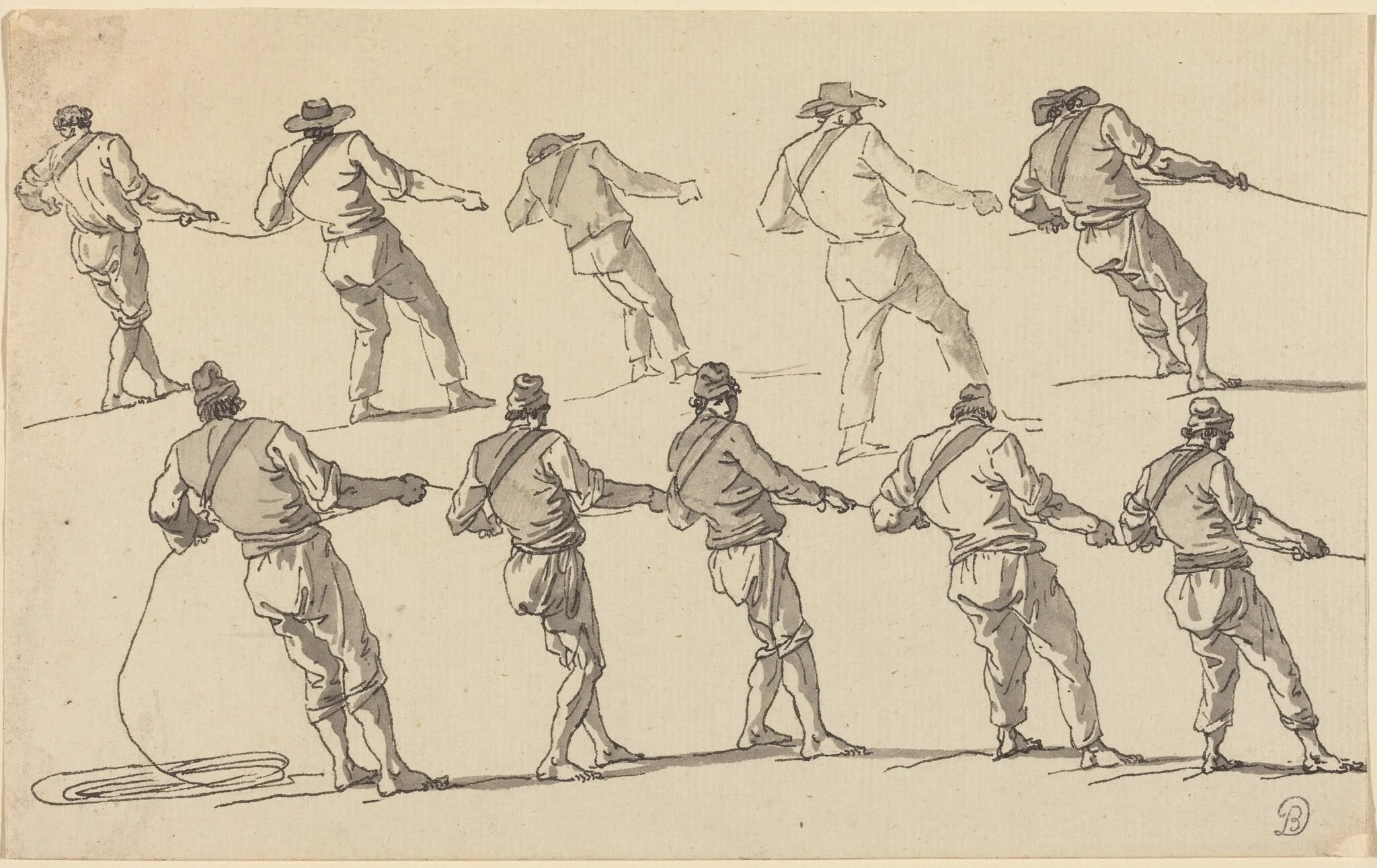 Ten Men Pulling on Ropes