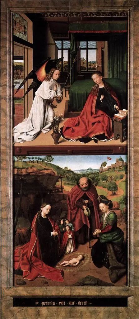 The adoration of the Christ Child; in the background the annunciation to the shepherds