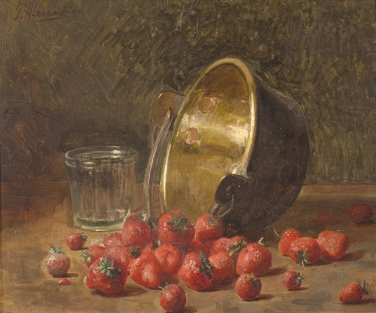 Still life with strawberries, by Pedro Alexandrino Borges, oil, 1906