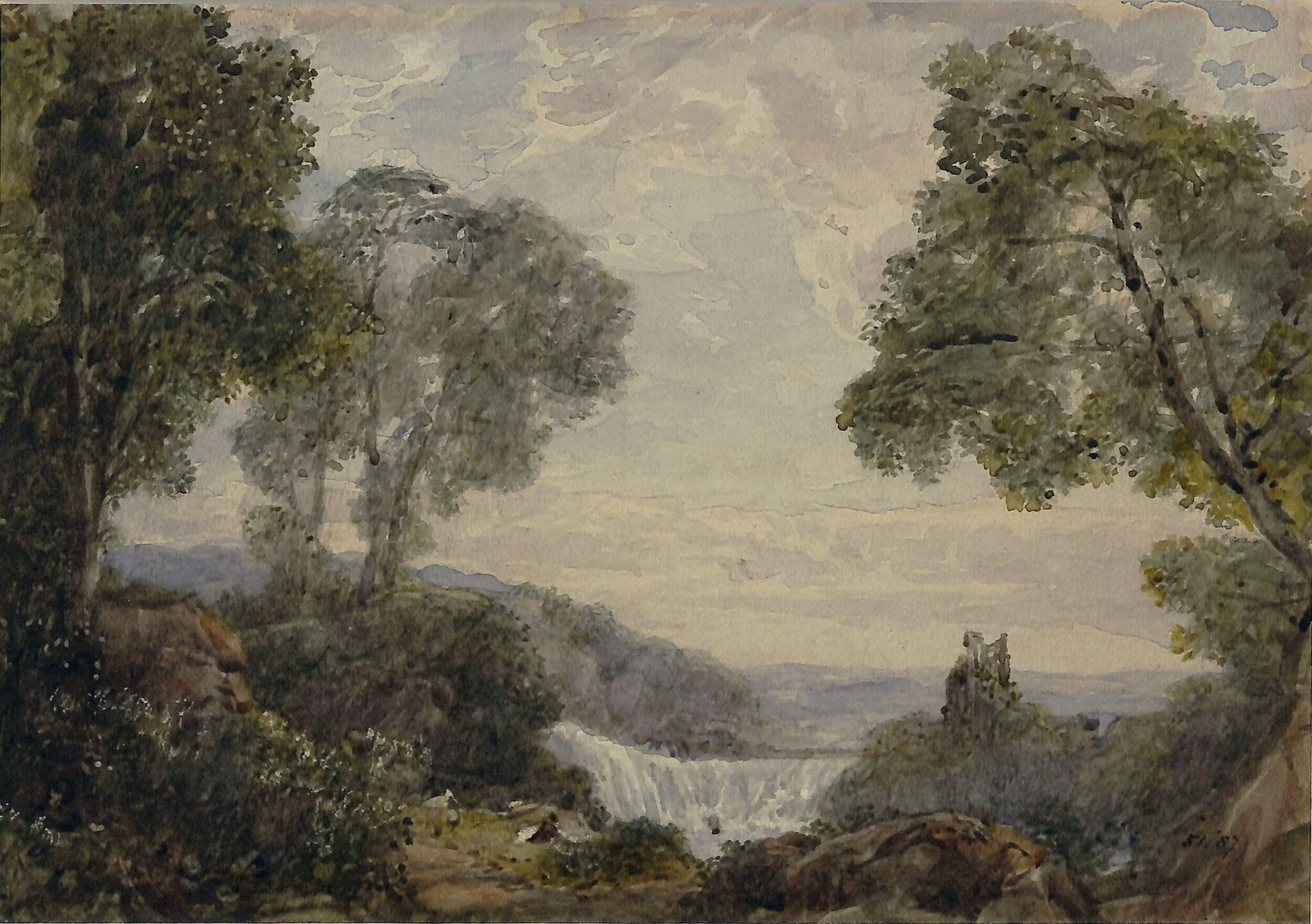 A still summer day: hilly landscape, with cascade and ruin