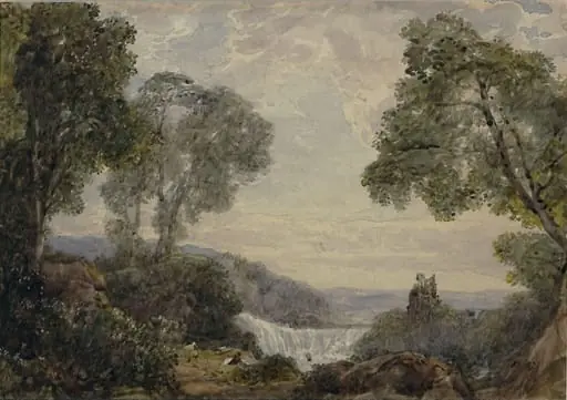 A still summer day: hilly landscape, with cascade and ruin