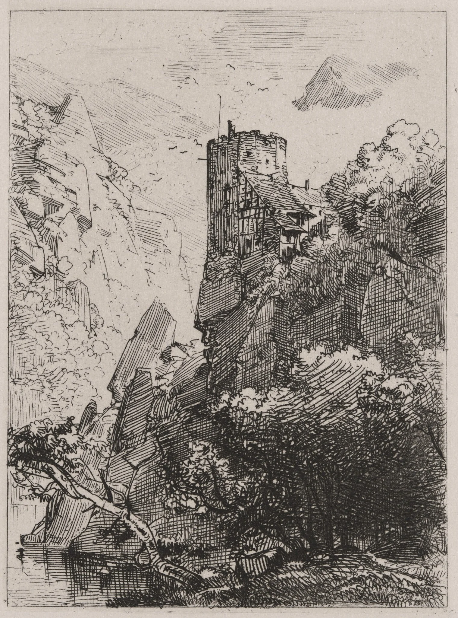 Watchtower on a Cliff with a Stream, by Caspar Johann Nepomuk Scheuren, ink, 1842