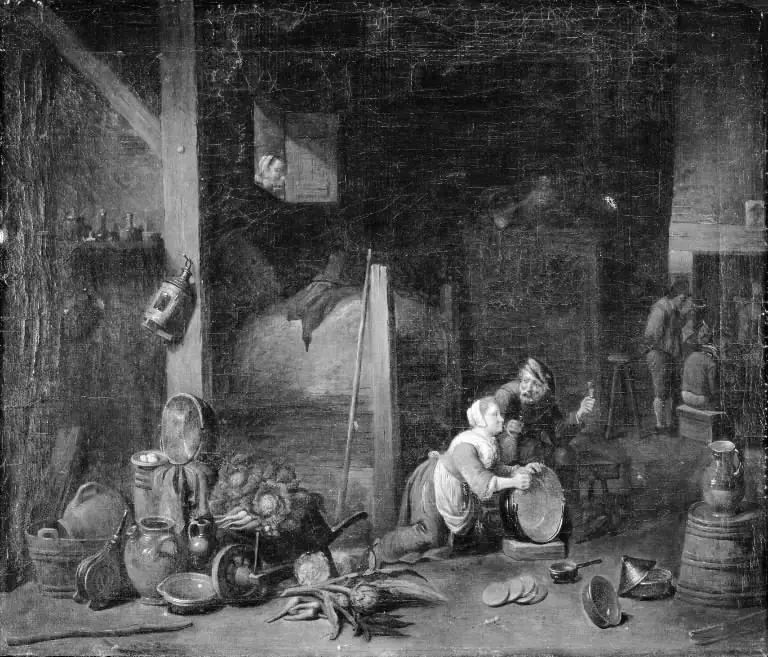A Servant Girl Scrubbing a Brass Cauldron