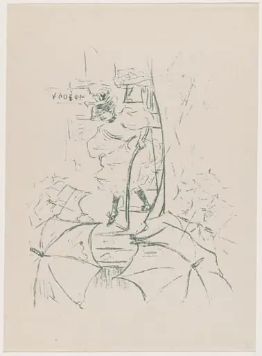 untitled (Woman descending onto a street of umbrellas)