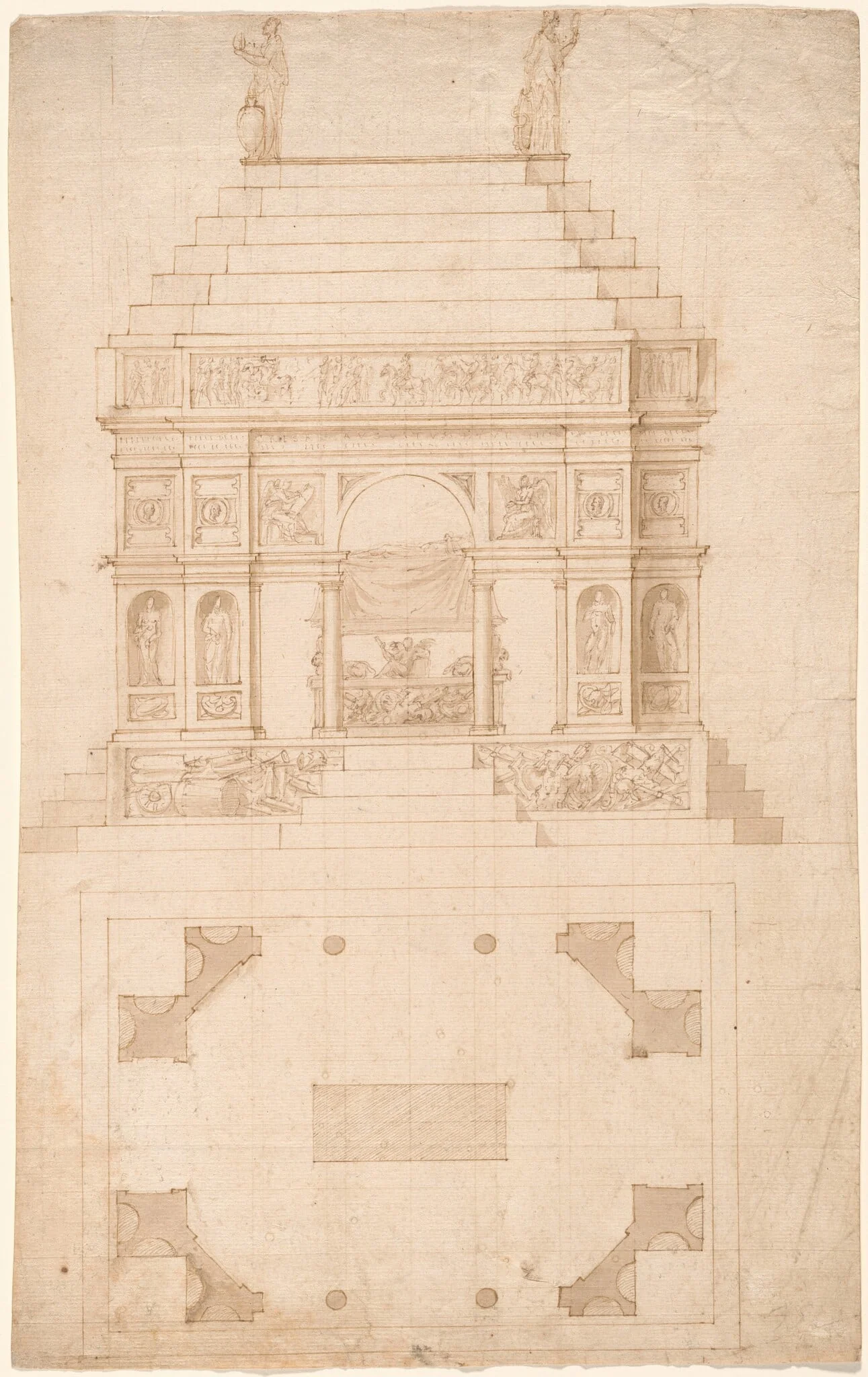 An Imperial Tomb: Elevation and Ground Plan, by Antonio da Sangallo, ink, 1530