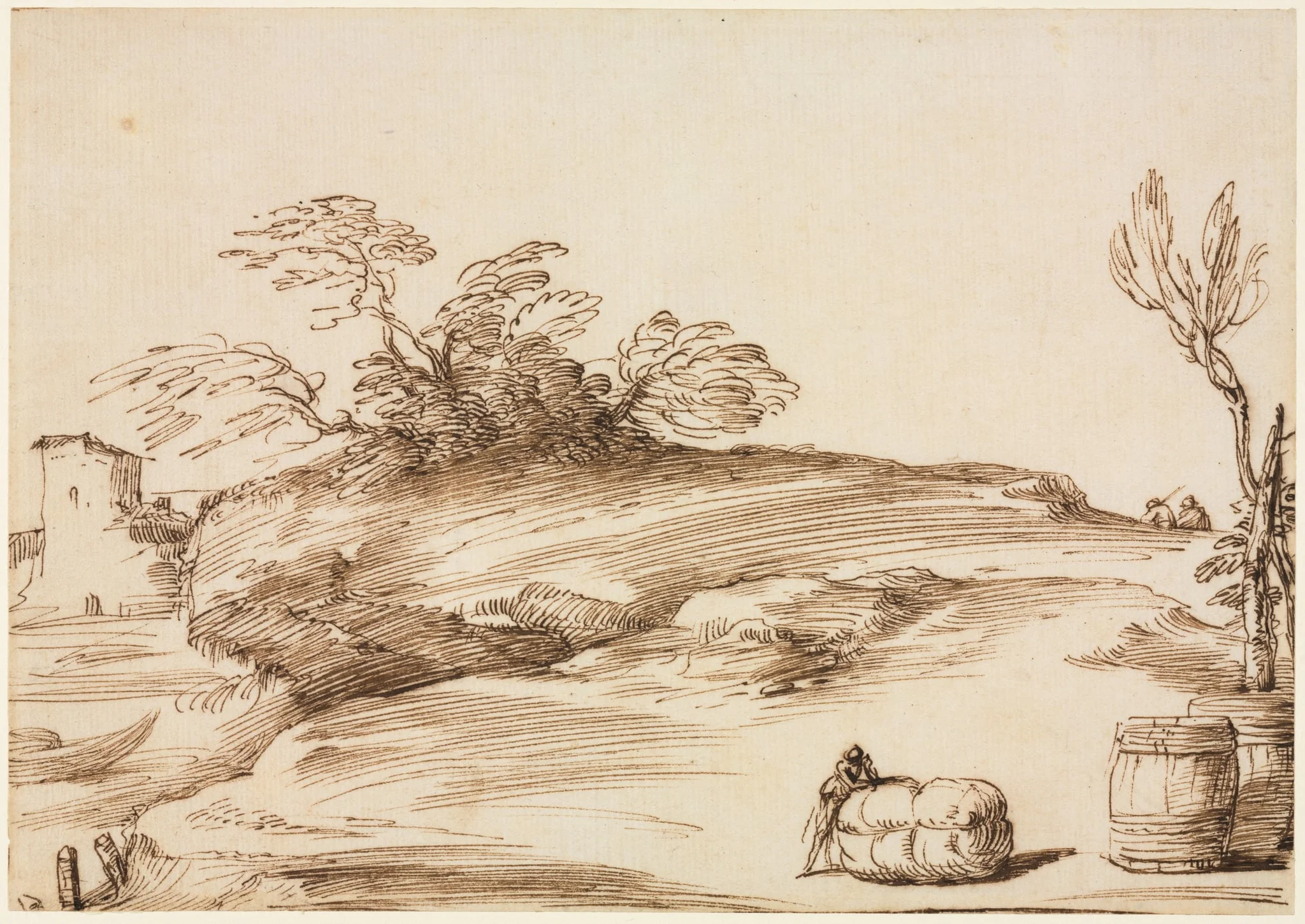 Landscape with a Man Leaning on a Bale, by Guercino, 1640