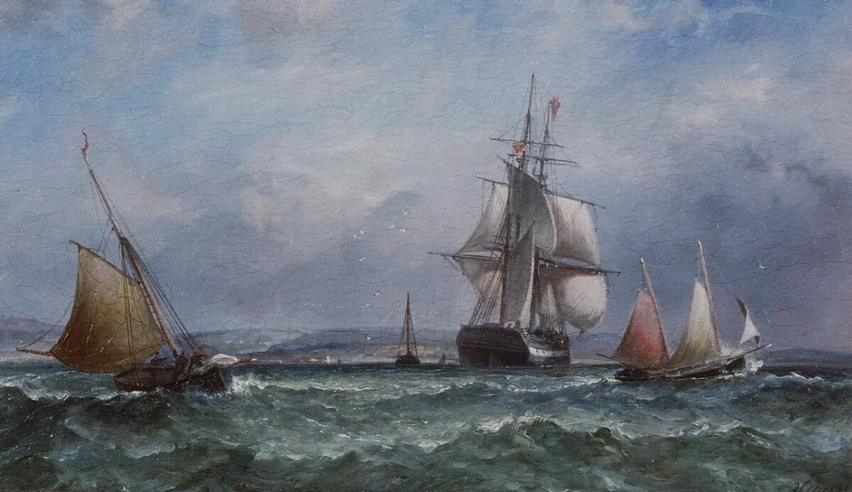 'Man of War' - Sailing Ships, by James Harris, oil, 1870