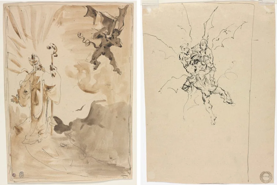 The Bishop and the Demon (recto); Three Demons Holding a Knight (verso)