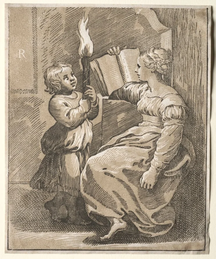 Sibyl Reading with a Child Holding a Torch, by Ugo da Carpi, 1522