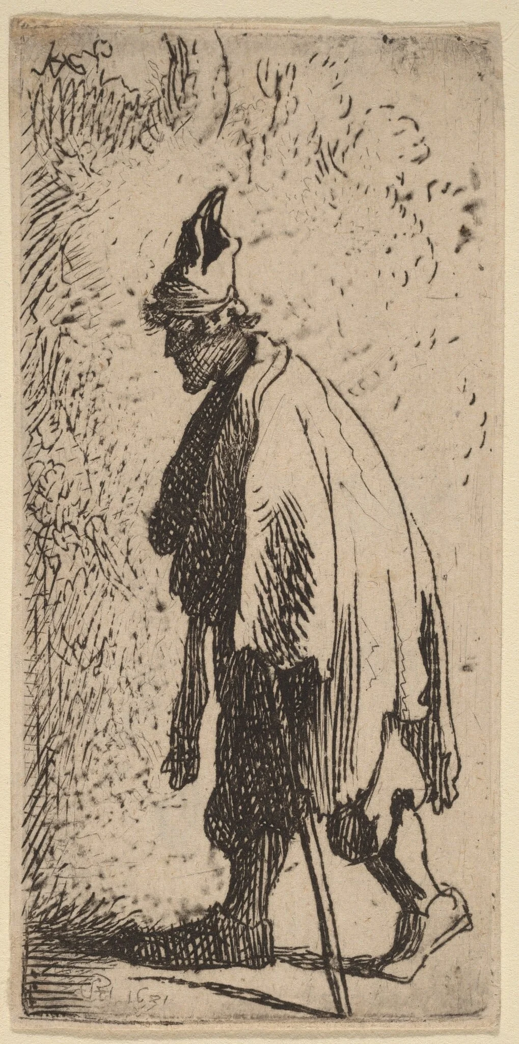 Beggar with a Stick, Walking to the Left, by Dutch 17th Century, ink, 1631