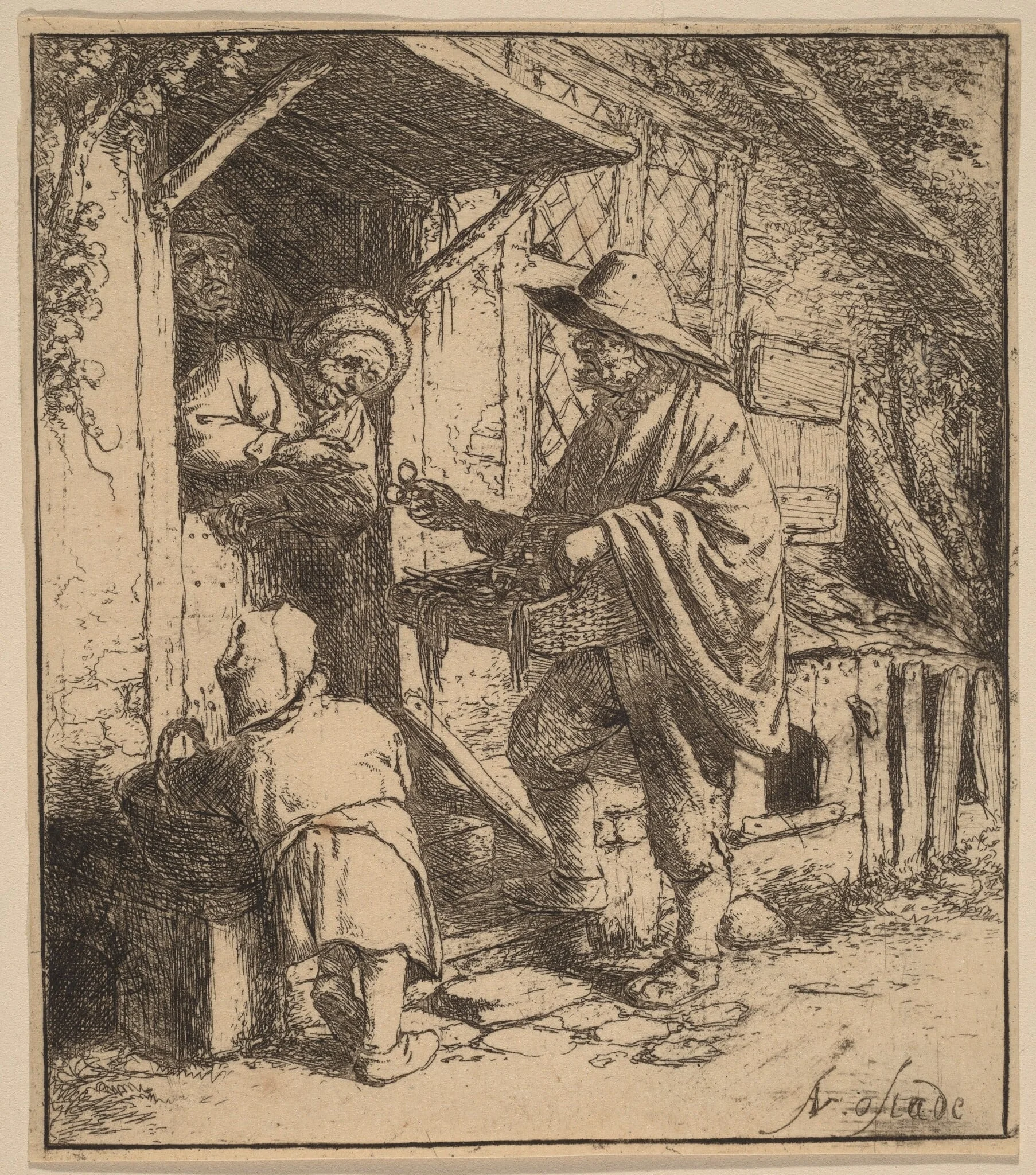 Street Vendor Selling Spectacles at the Door, by Adriaen van Ostade, ink, 1647