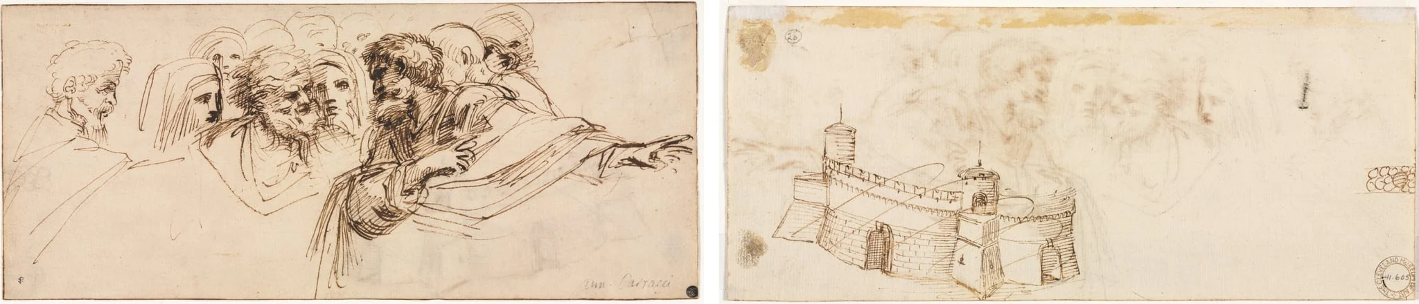 Study of Heads (recto); Crenelated Fortress (verso), by Agostino Carracci, 1504