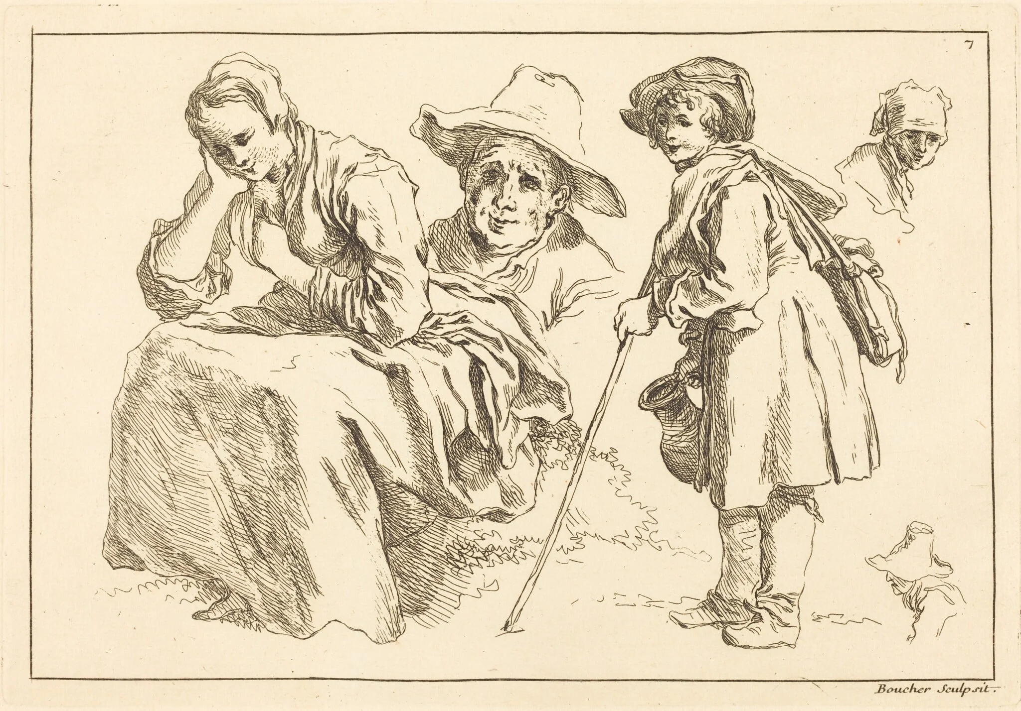 Figure Studies including  Standing Boy Holding a Pitcher, by François Boucher, ink, 1735