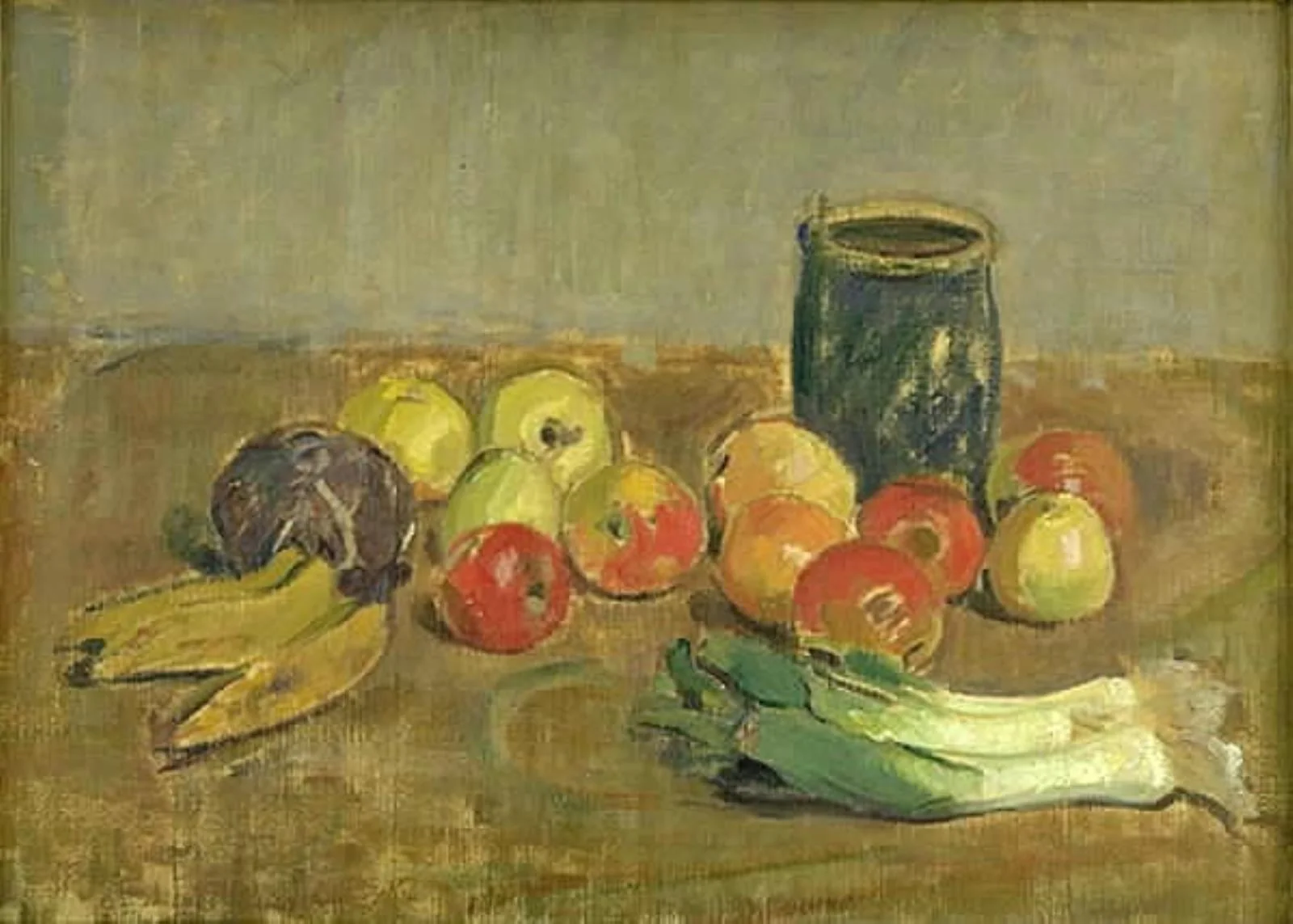 Still Life. Apples, Leeks, Bananas and Green Jar