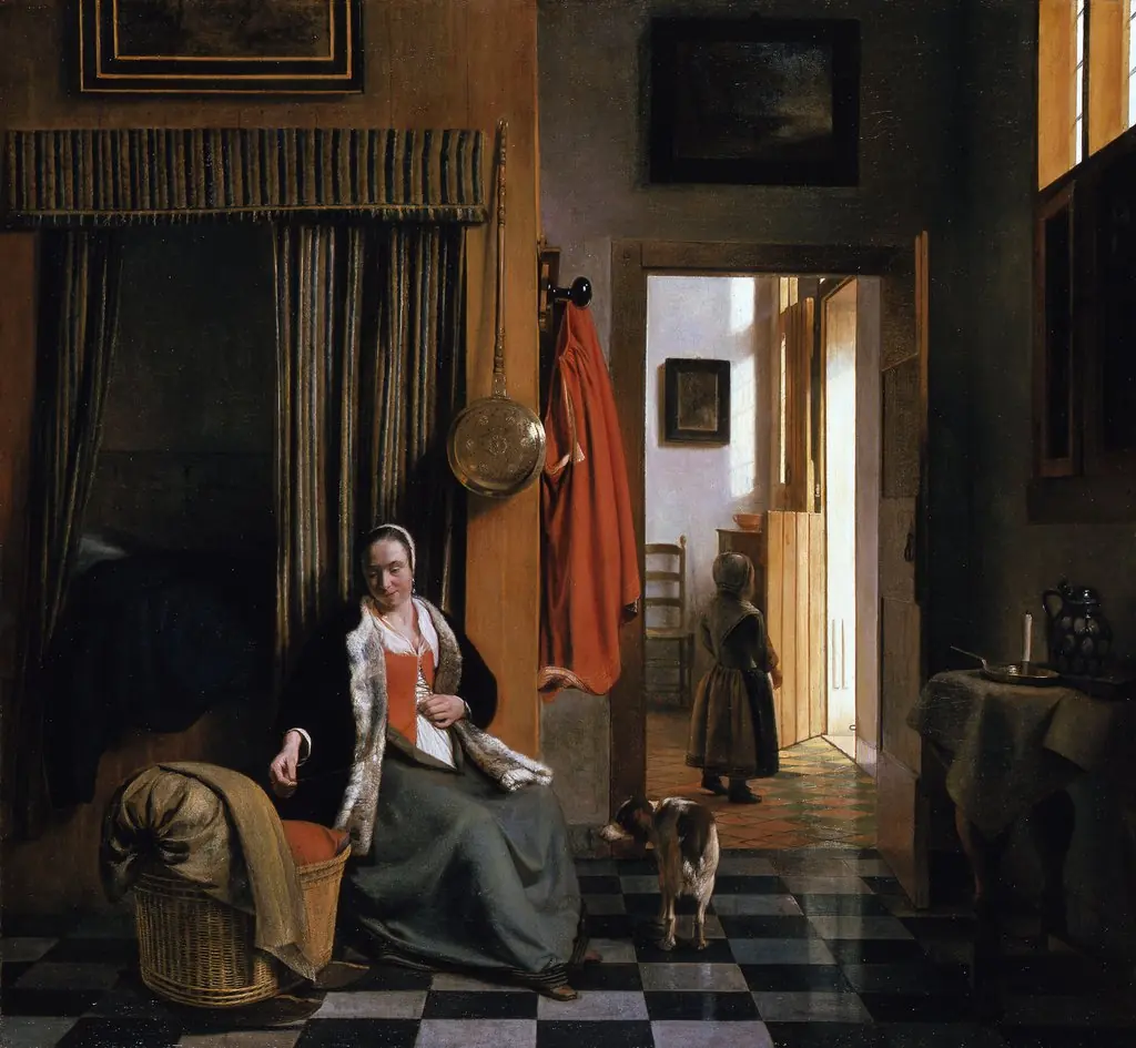 Mother Lacing Her Bodice beside a Cradle
