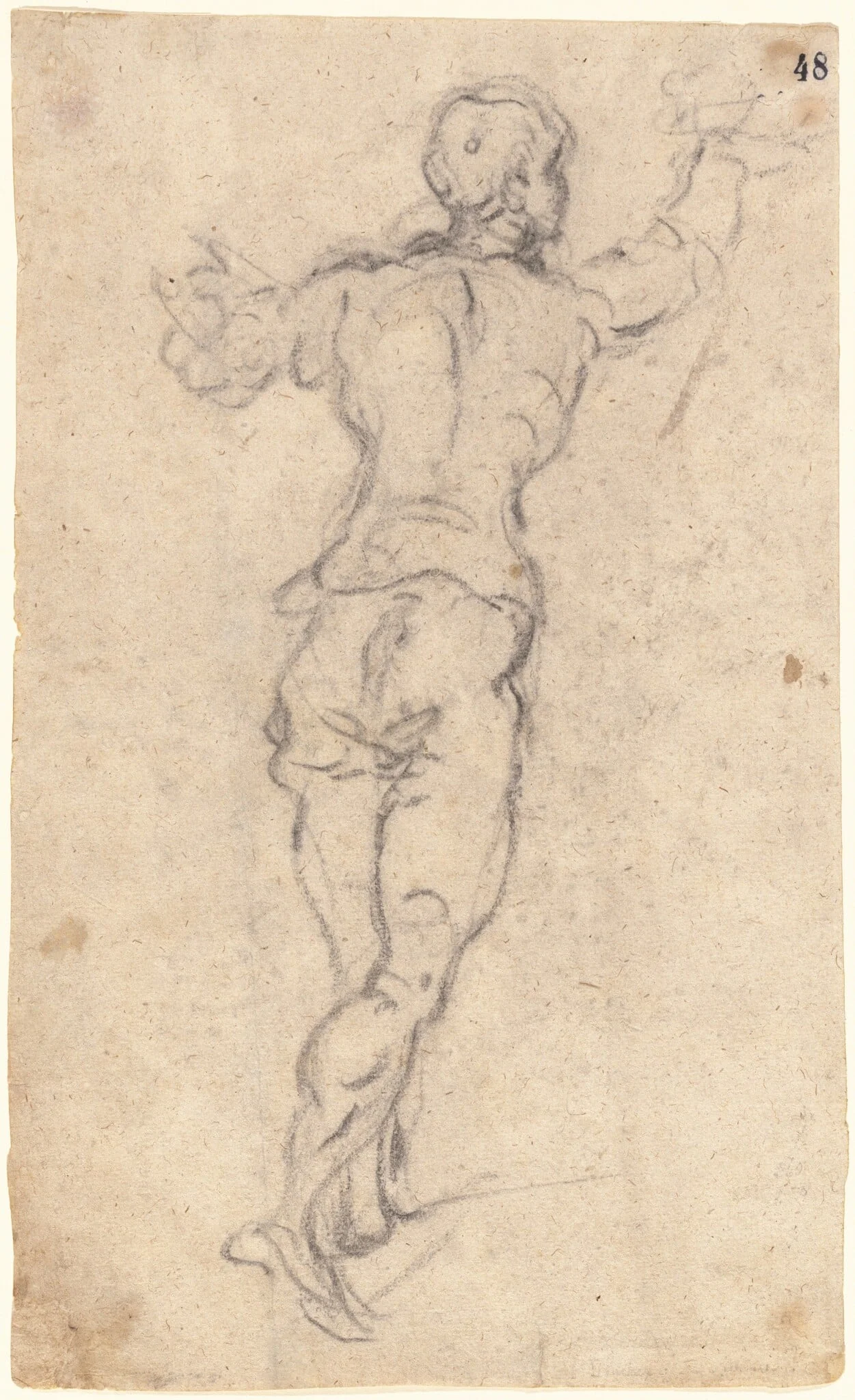 A Striding Youth with His Arms Raised, Seen from Behind, by Jacopo Tintoretto, charcoal, 1579