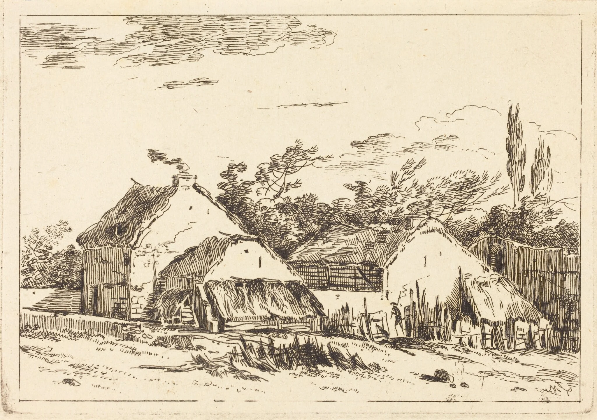 Two Barns, by Louis Gabriel Moreau the Elder, ink, 1773