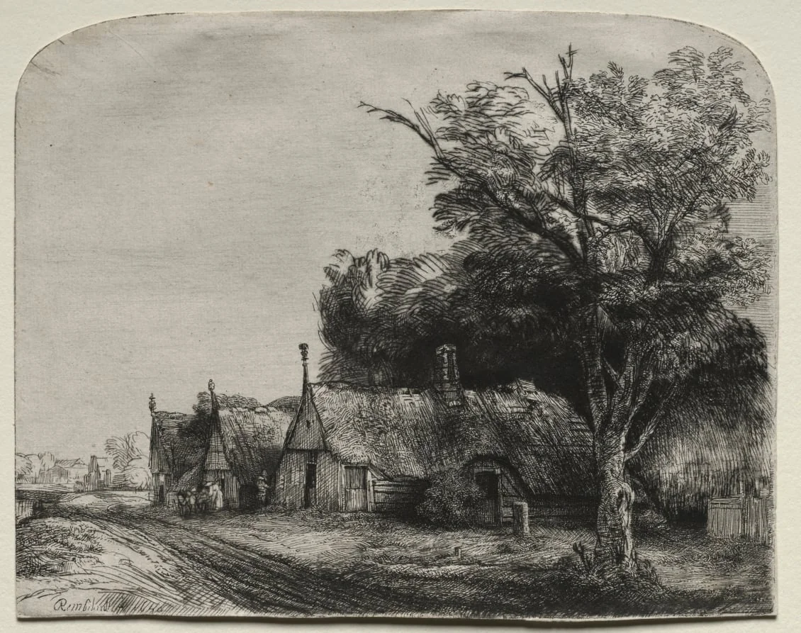 Landscape with Three Gabled Cottages beside a Road, by Rembrandt, 1650