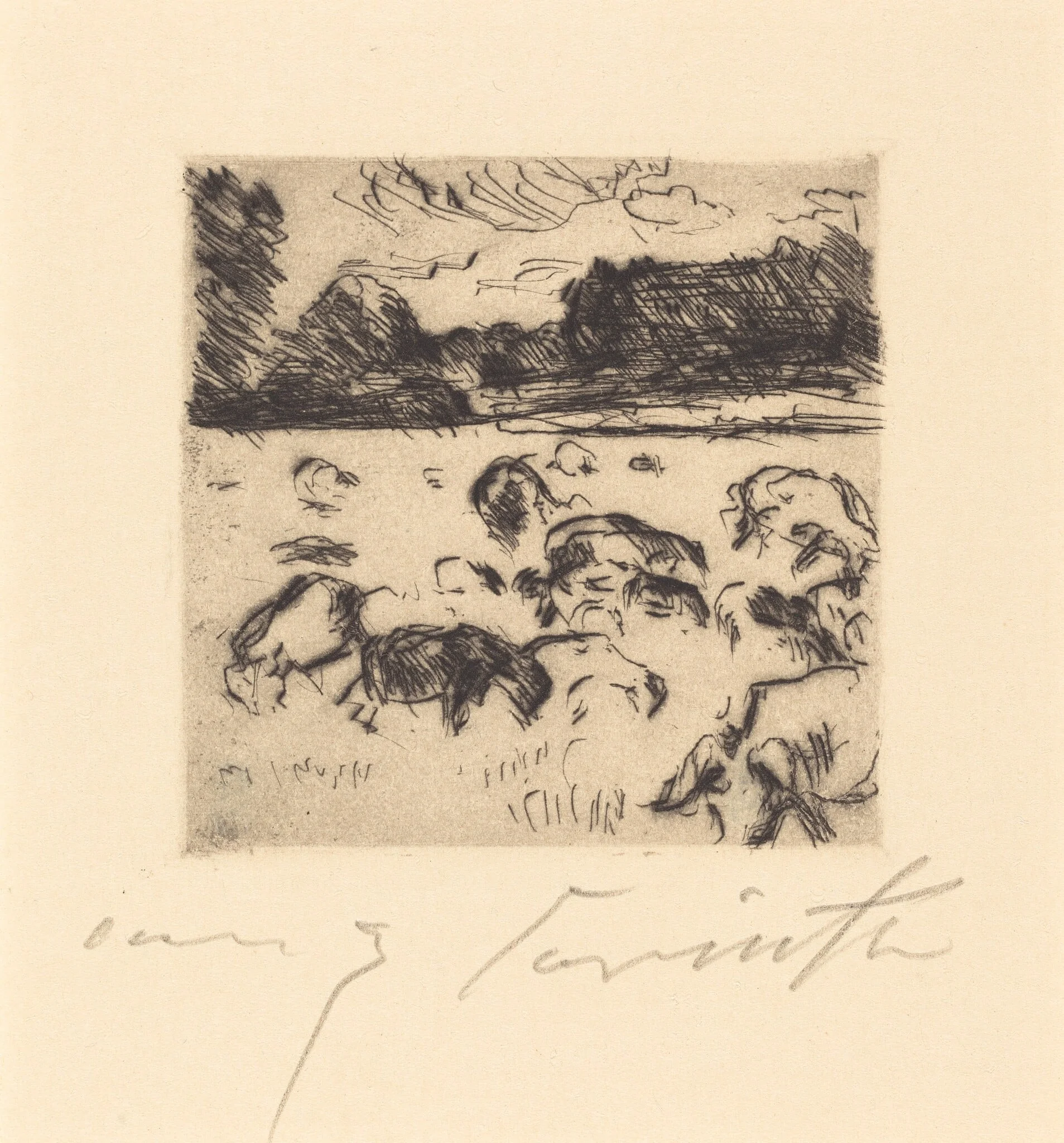 Weidende Schafe (Grazing Sheep), by Lovis Corinth, ink, 1916