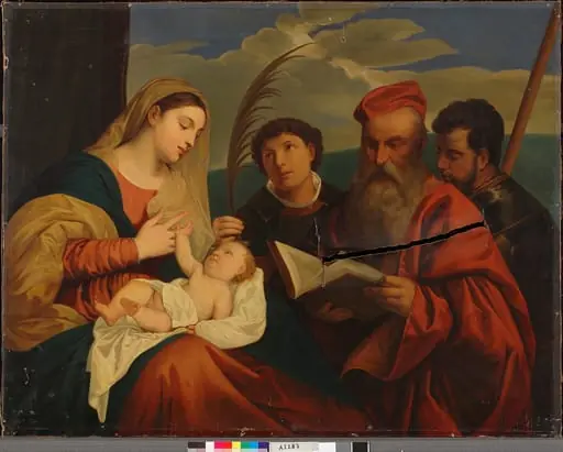 Neitsyt Maria lapsen kanssa sekä pyhäät Stefanus, Hieronymus ja Mauritius, kopio Tizianin (Tiziano Vecellio) mukaan