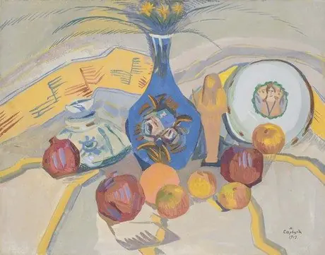 Still life with a blue jug. Bright tones