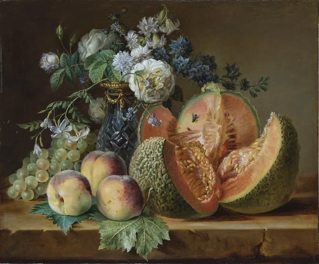 Still Life with a Vase of Flowers, Melon, Peaches, and Grapes