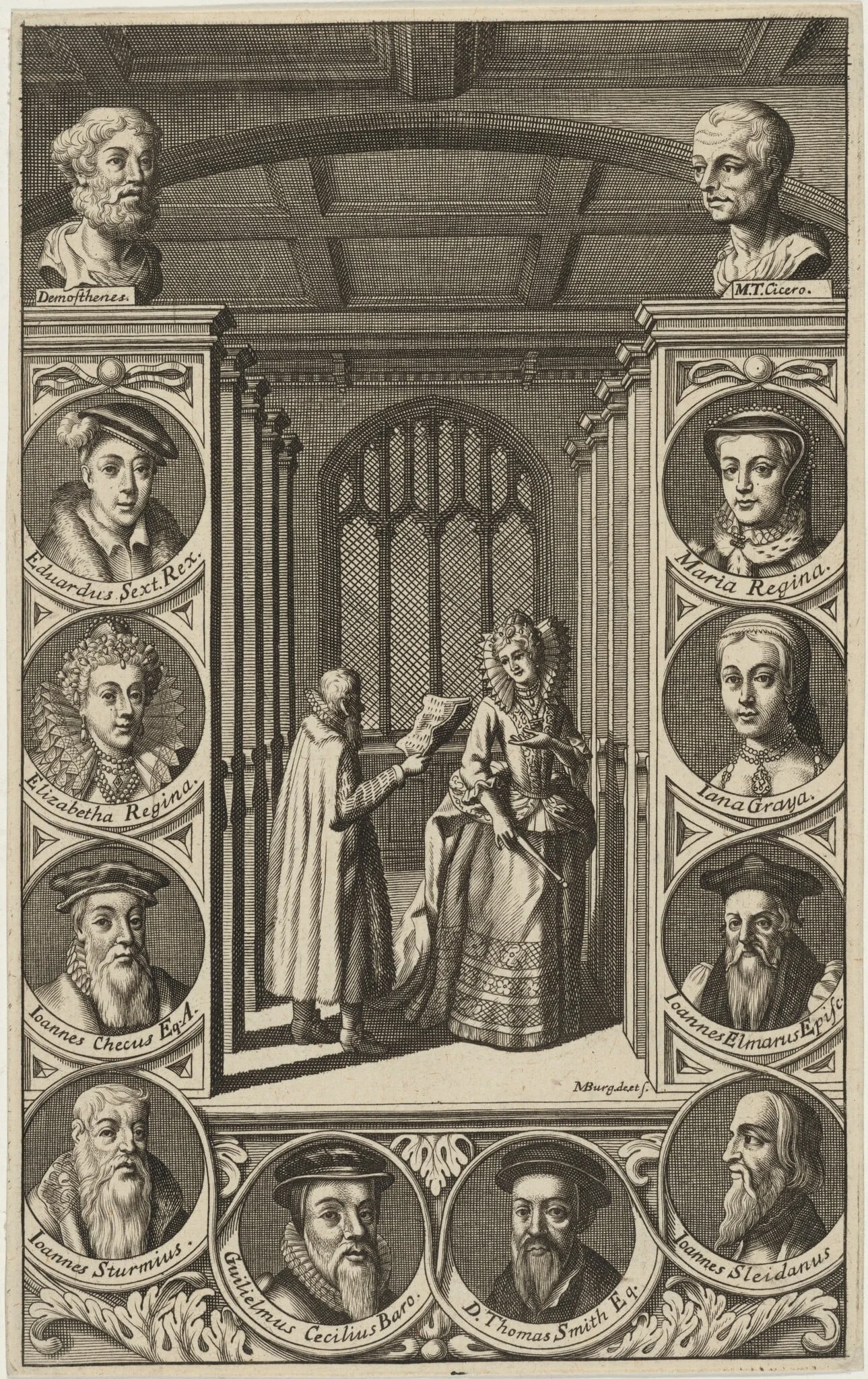 Roger Assham and Mary Surrounded by MedallianPortraits, by Michael Burghers, ink, 1682