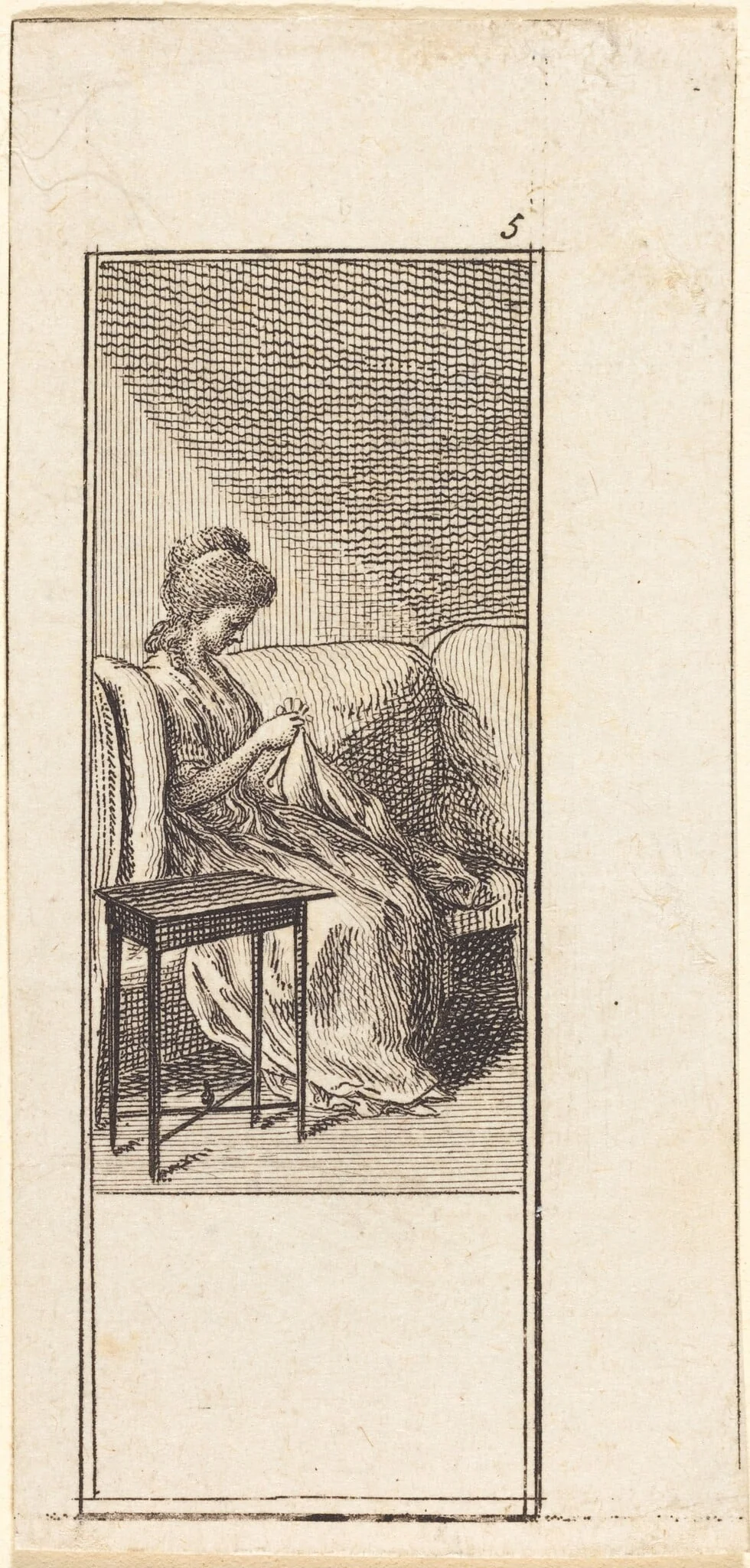Girl Seated, Sewing, by Daniel Nikolaus Chodowiecki, ink, 1784