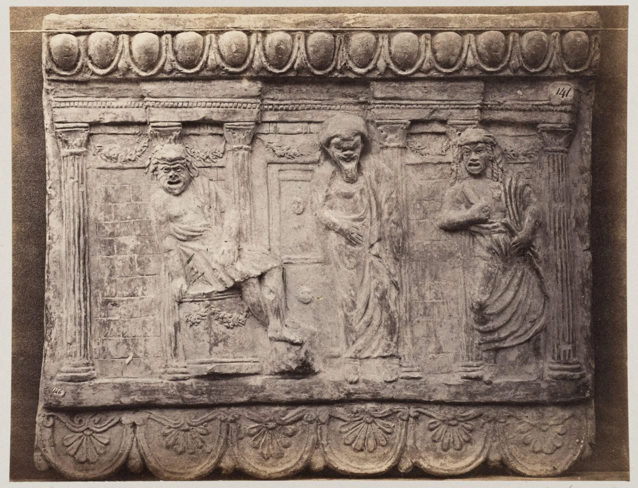 Bas-relief portion of frieze with three comic figures in terra cotta, by Louise Laffon, photographic, 1864