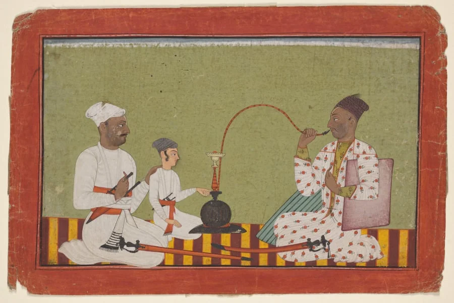 Posthumous portrait of Raja Chhatar Singh of Chamba smoking a hookah with his brother and son, by Unknown, unspecified, 1700