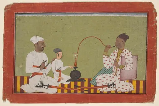 Posthumous portrait of Raja Chhatar Singh of Chamba smoking a hookah with his brother and son