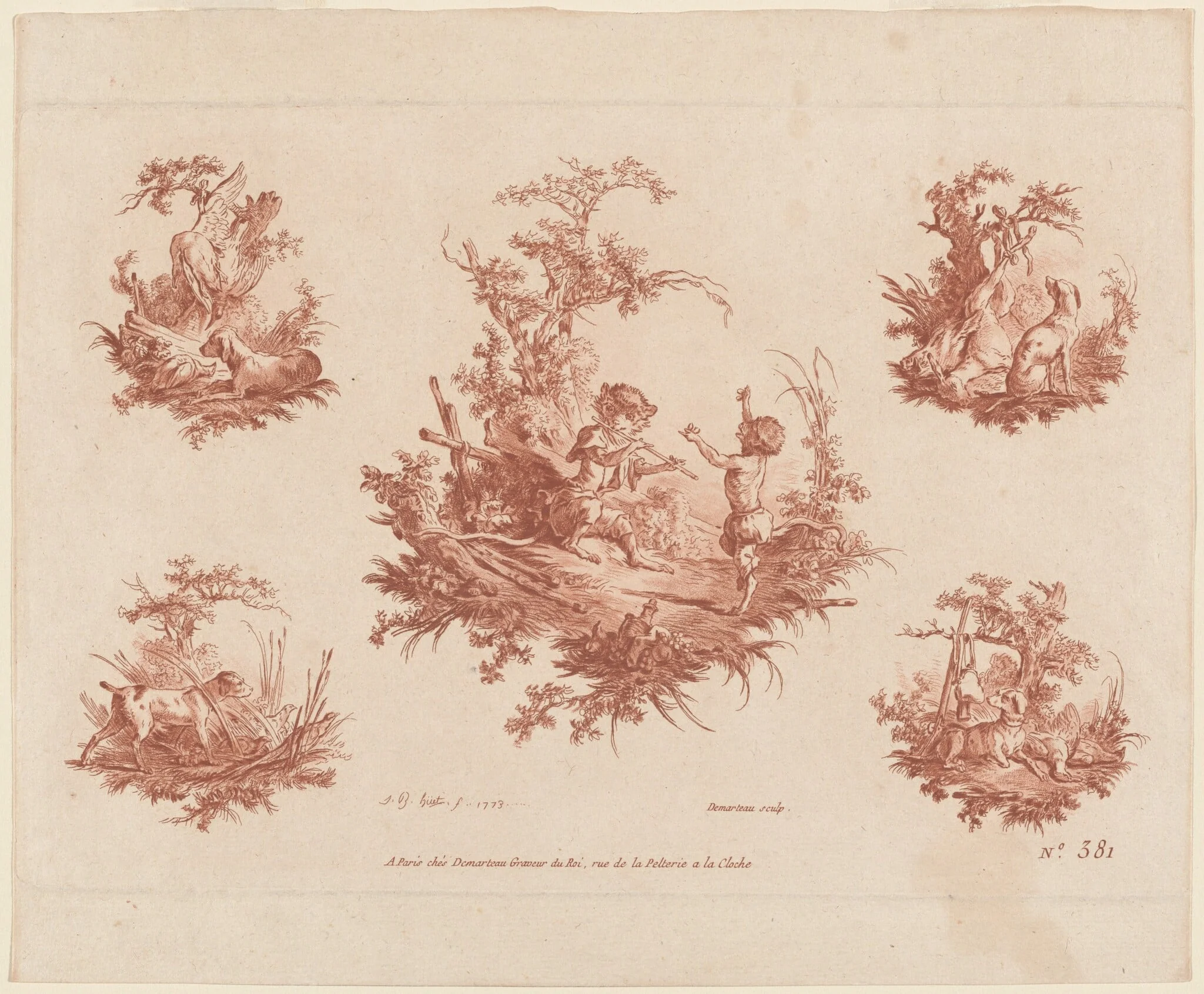 Singerie with Four Vignettes of Dogs Hunting