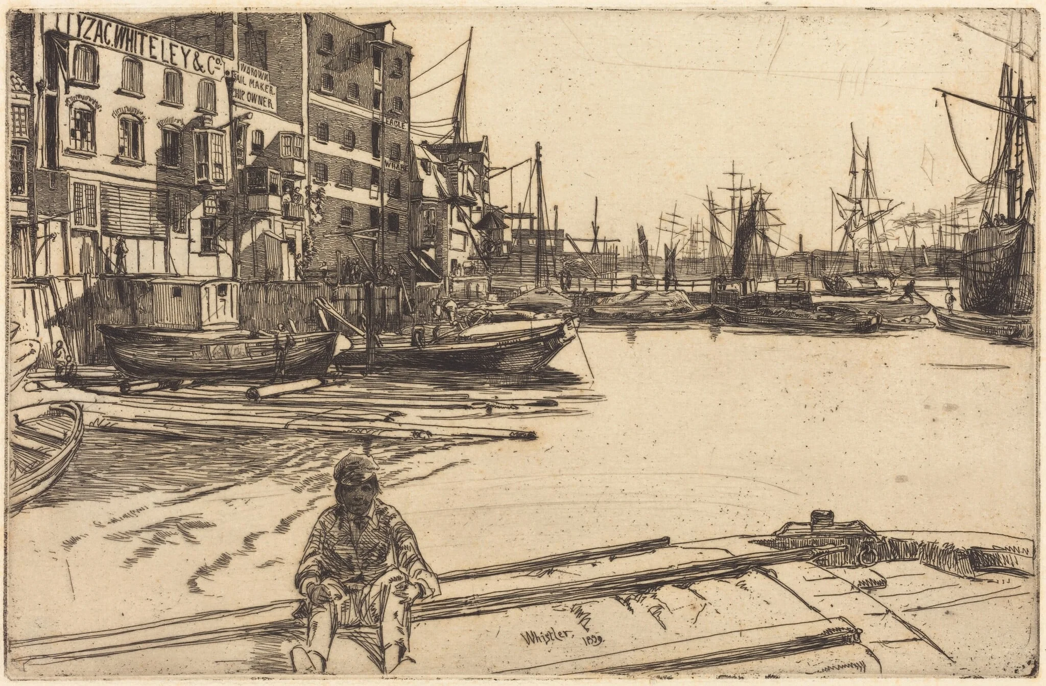 Eagle Wharf, by James McNeill Whistler, ink, 1859