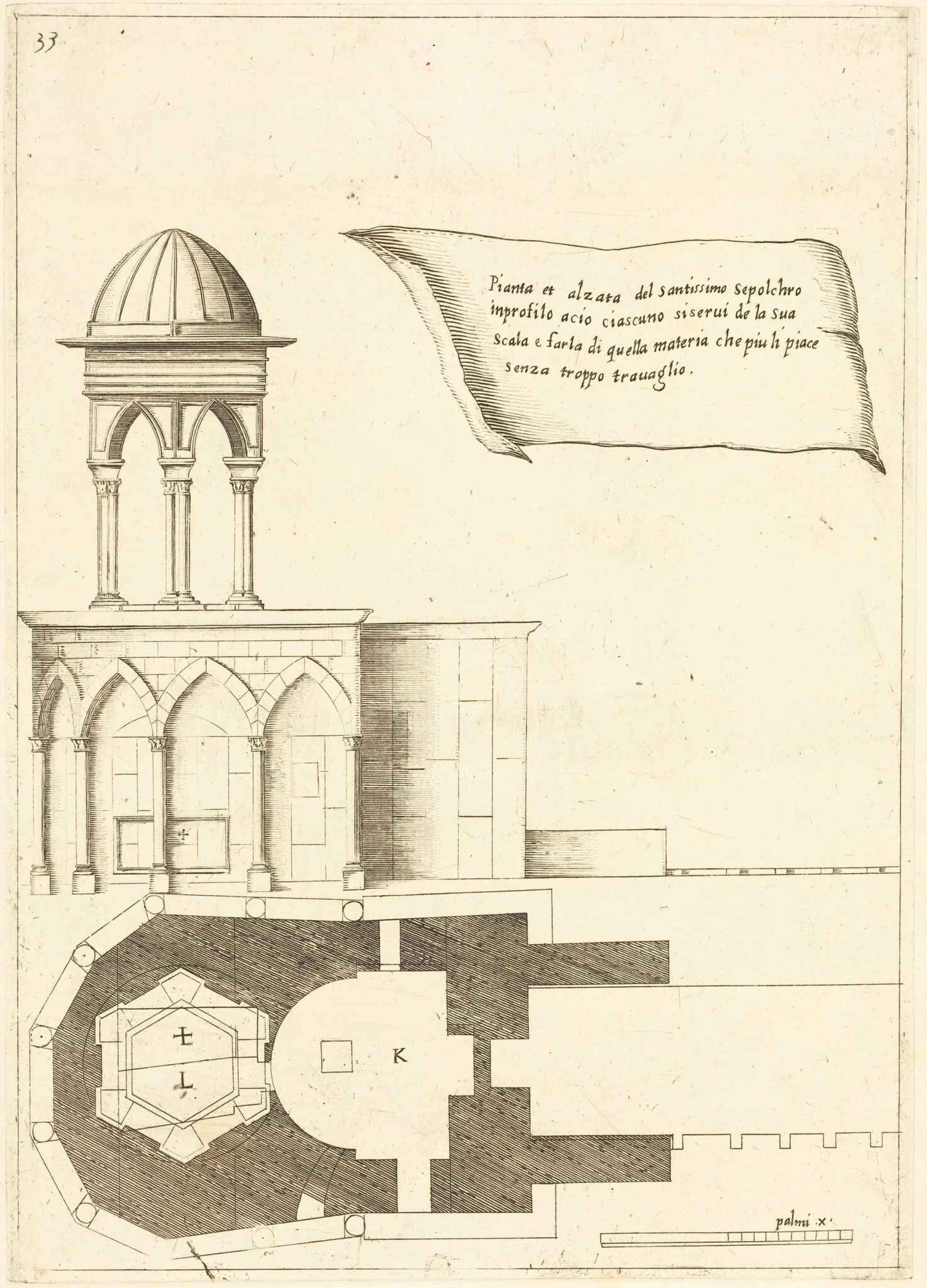 Plan and Elevation of the Church of the Holy Sepulchre, by Jacques Callot, ink, 1619